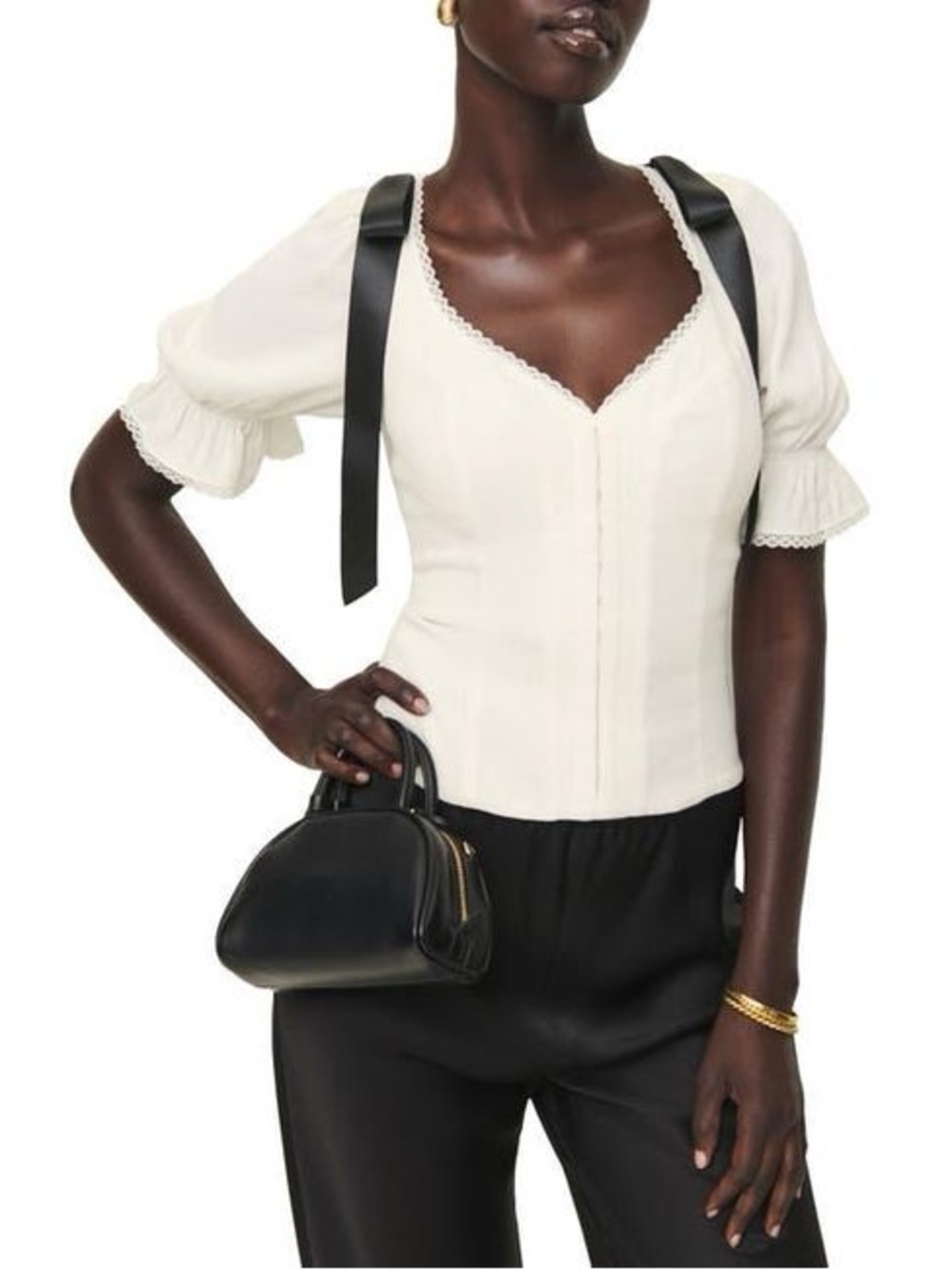Reformation Inara Top 4 Ivory Black Ribbon Bow Puff Sleeve Cottagecore Blouse